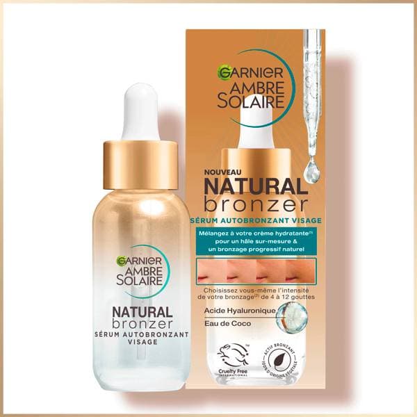 Garnier Natural Bronzer Sérum visage autobronzant, packshot relevé sur la page officielle